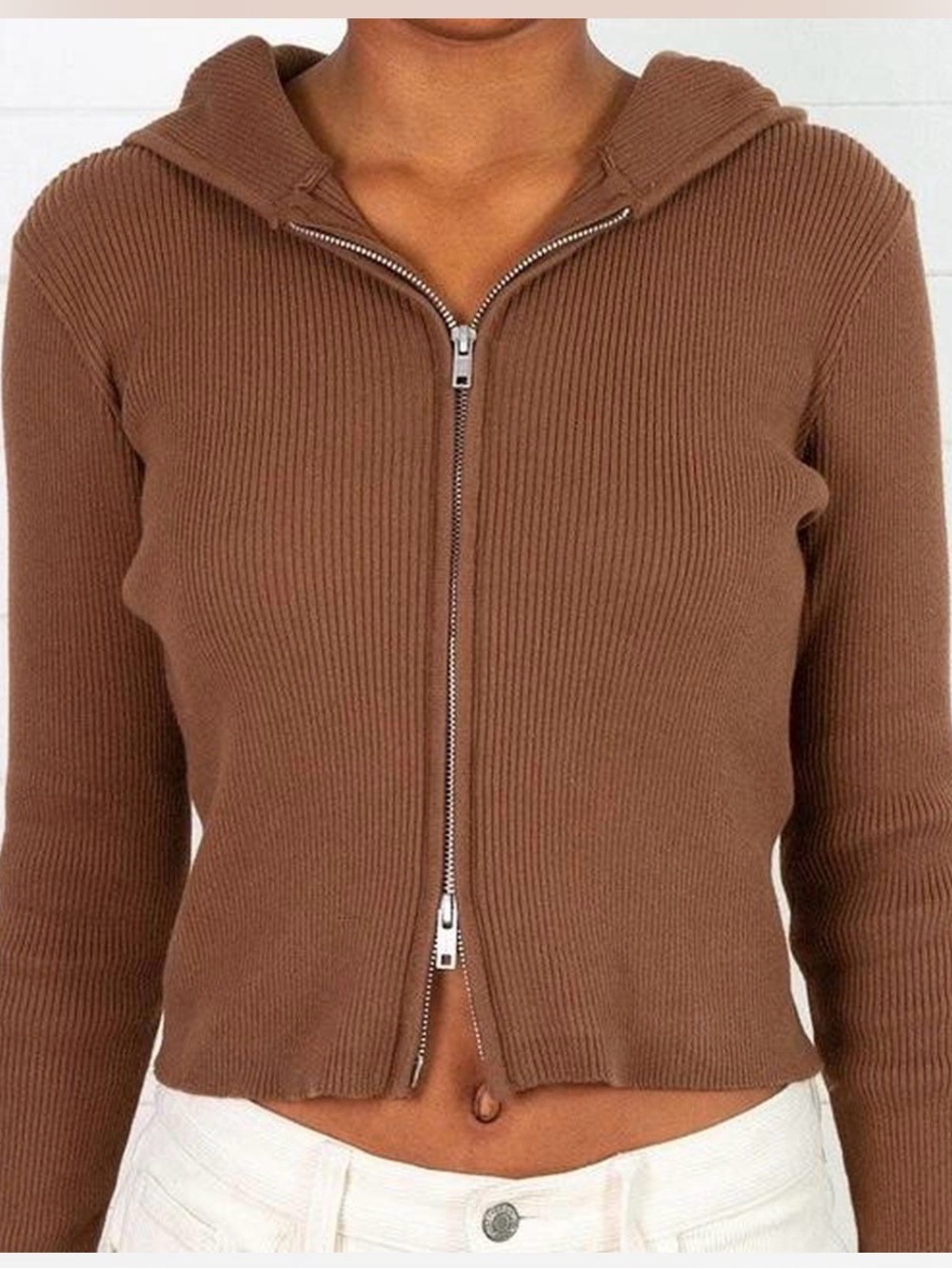 Brandy Melville John Galt Brown Ribbed Zip-Up Hoodie Sweater - Women